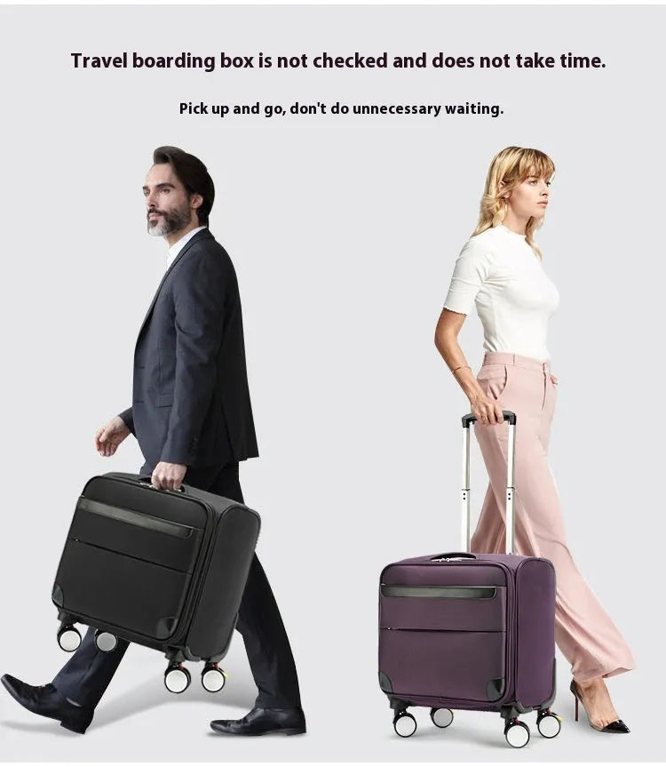 18-inch black business luggage with Oxford cloth construction and universal wheels