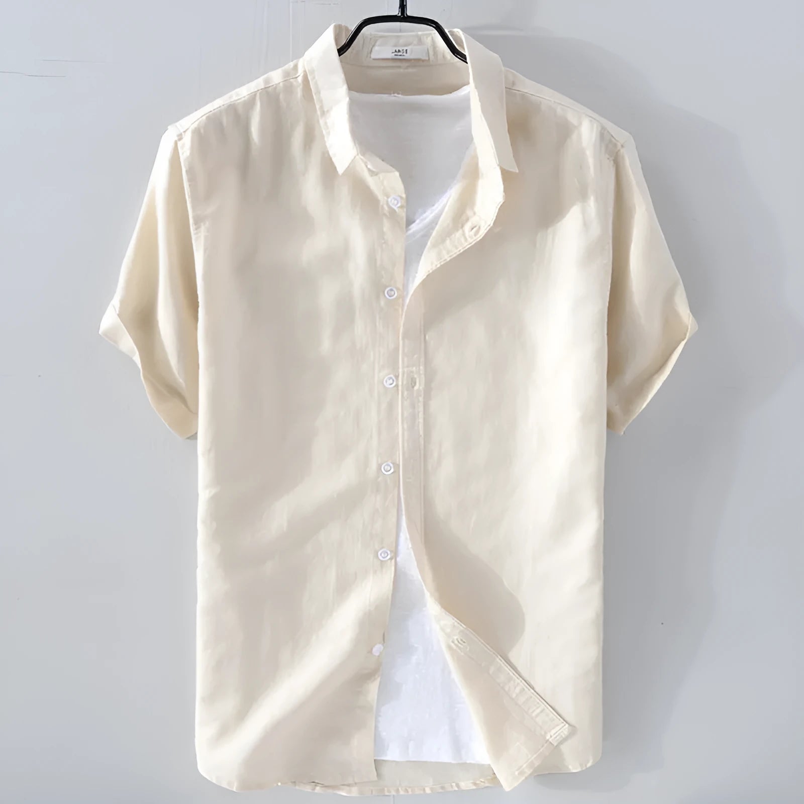 Men's short sleeve linen shirt in loose fit with solid colour options including army green and fluorescent green