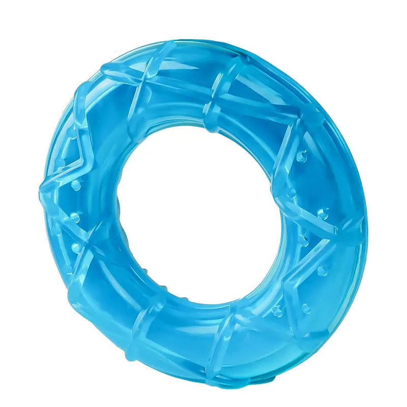 Set of three hollow silicone dog toys: a blue pacifier, a red popsicle, and a green ring for filling with water and freezing.