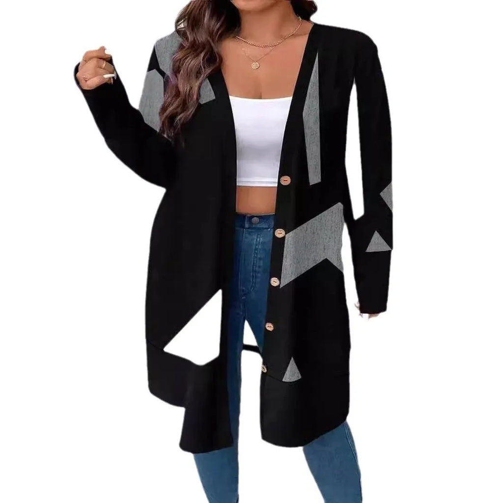 Black plus size loose knit cardigan coat with button front and stitching details