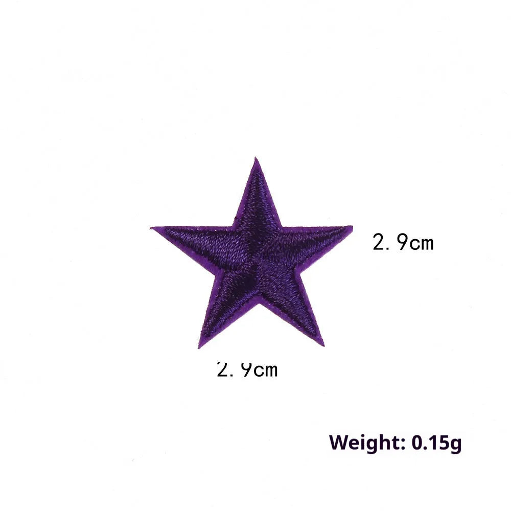 Colourful embroidered five-pointed star designs on cloth sticker labels for DIY clothing customisation.