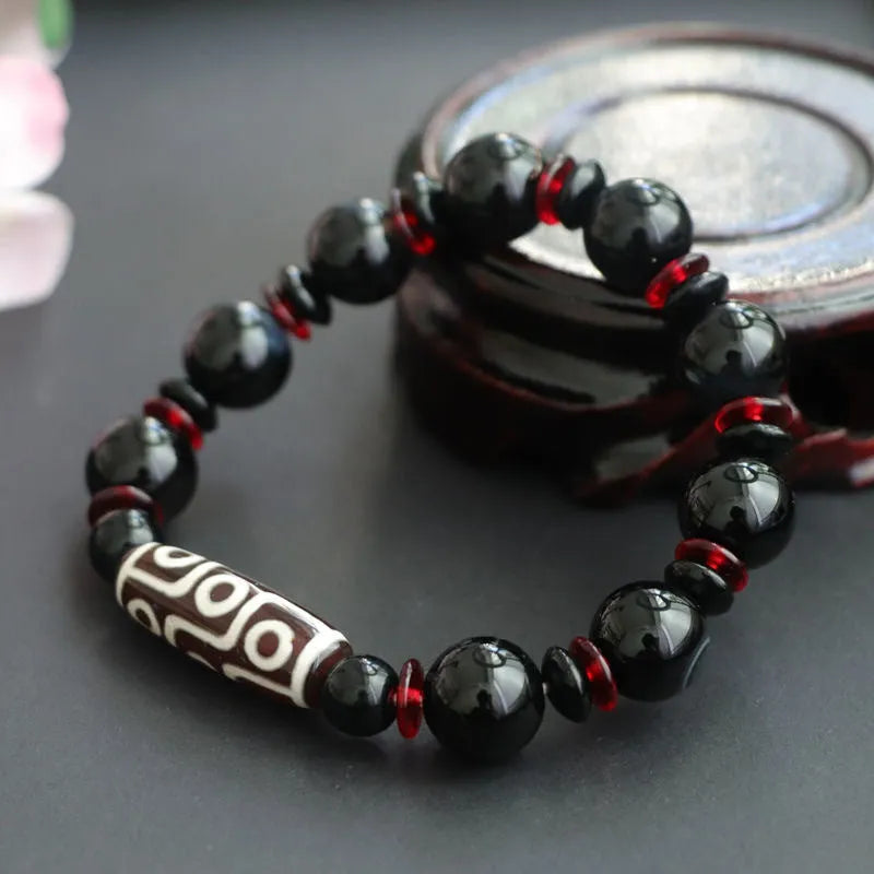 Hand-woven black agate Dzi bead bracelet with 11mm geometry-shaped stones