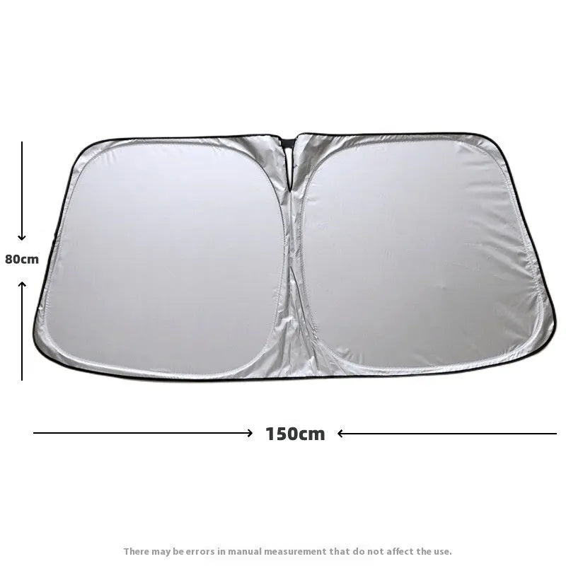 Aluminium foil car windscreen sunshade in titanium silver, shown folded and unfolded.