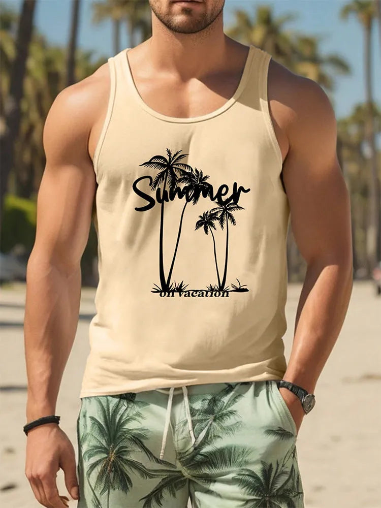 Men's solid colour Hawaiian style sleeveless vest t-shirt made from polyester pinhole cloth