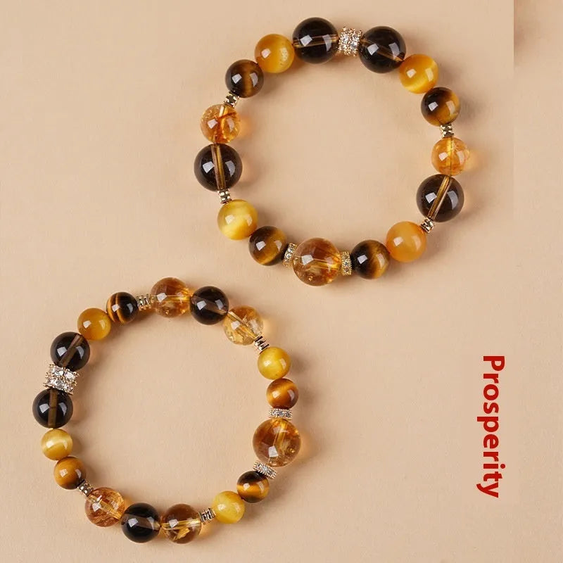 Lucky Jinba tiger-eye crystal bracelet showing geometric yellow beads in natural stone