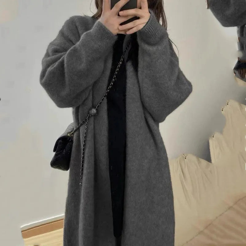 Women's loose thick chenille cardigan sweater with 3D knit pattern in dark grey
