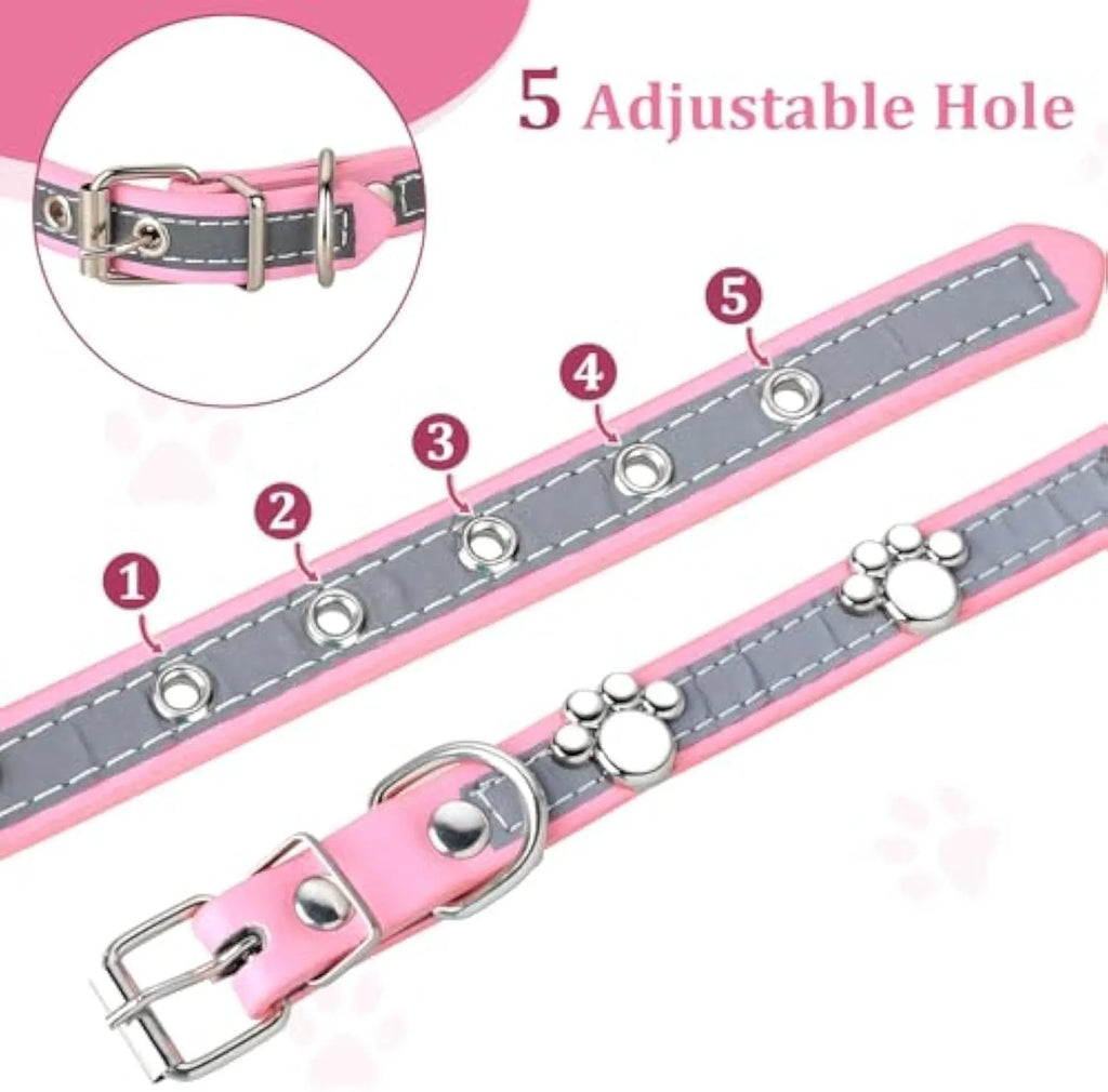 Reflective adjustable dog collar with paw-shaped rivets on PU leather in multiple sizes