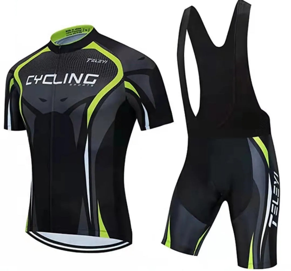 Cycling jersey and padded shorts set for summer mountain and road biking with moisture-wicking fabric