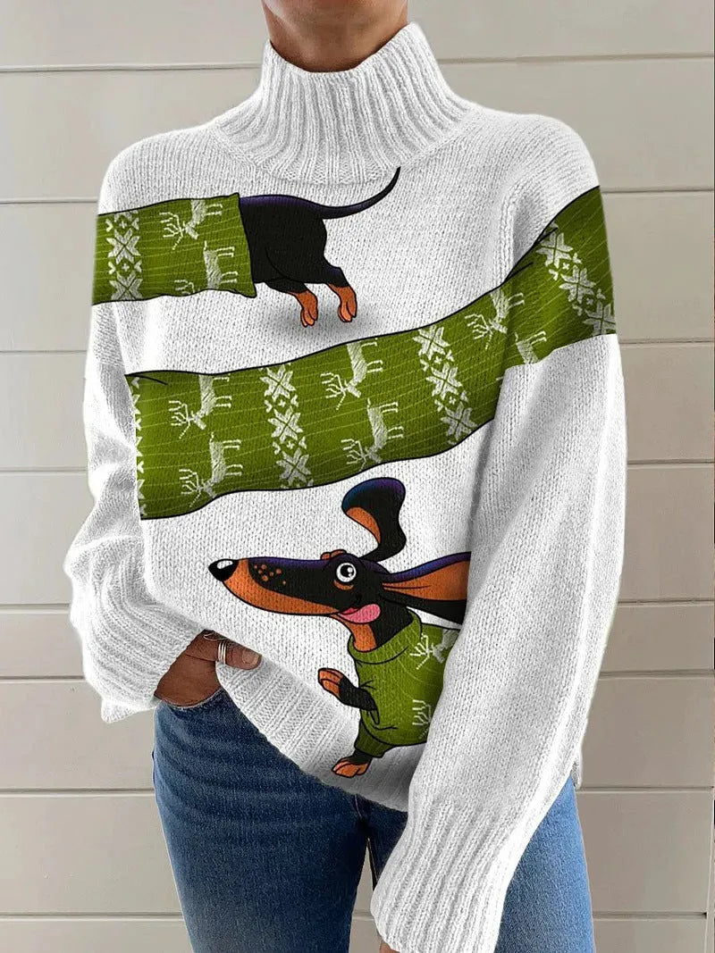 Women's Christmas printed turtleneck sweater showing painting pattern and loose fit