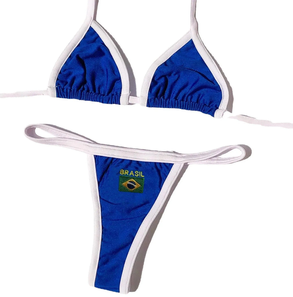 Women's yellow polyester bikini set with T-back bra and shorts-length panties