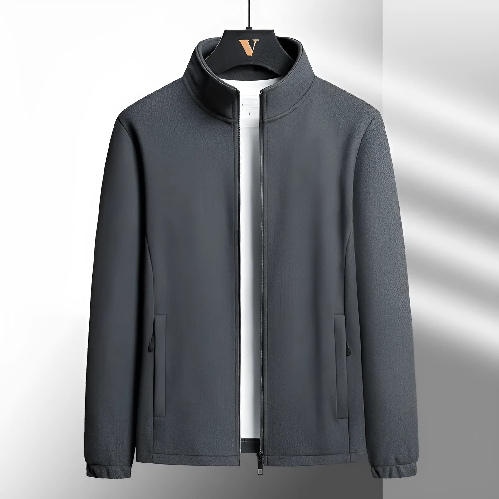 Men's grey Berber fleece zip-front coat with stand-up collar and zippered pockets.