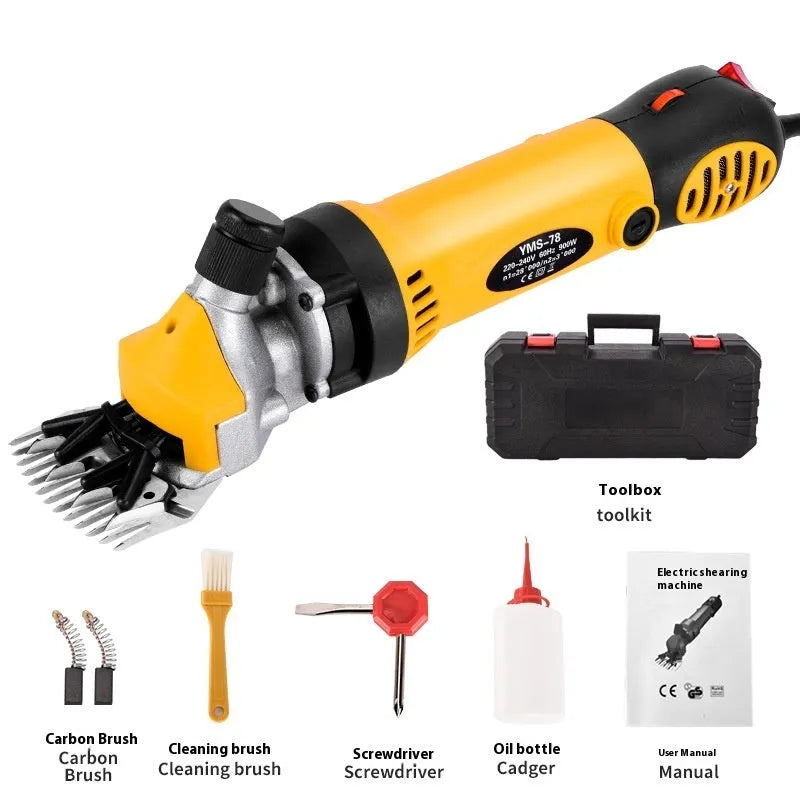 Yellow electric wool shearing machine with 110V plug and multiple blade sets in storage case