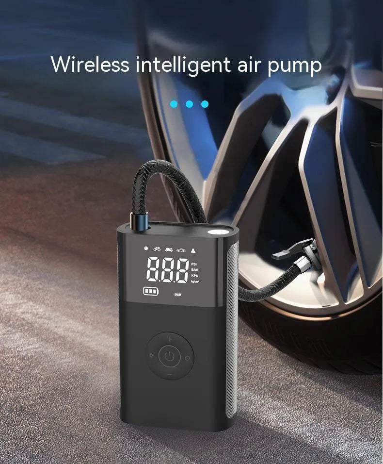Wireless digital handheld tyre pump with LCD screen, black ABS body, and attached air hose with nozzles.