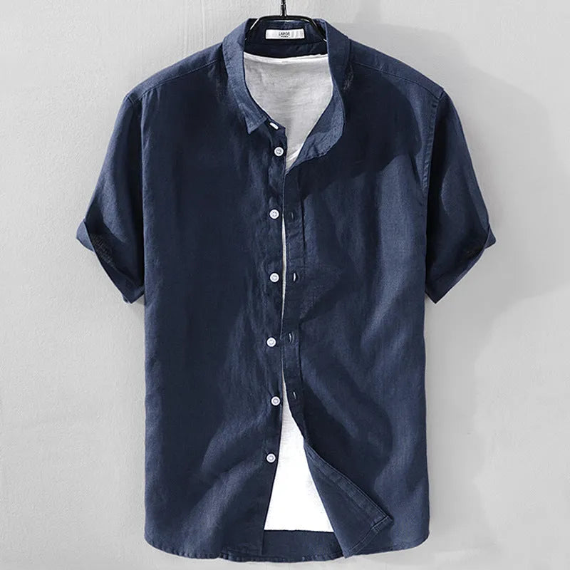 Men's short sleeve linen shirt in loose fit with solid colour options including army green and fluorescent green