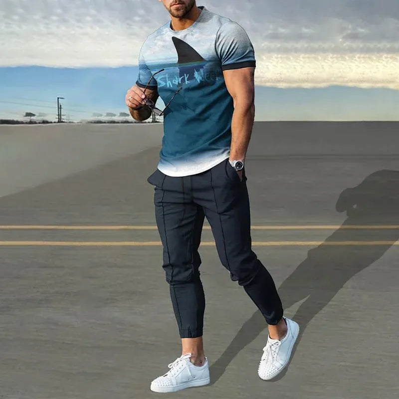 Man wearing a solid-colour short-sleeve top and matching trousers from a polyester sports set.