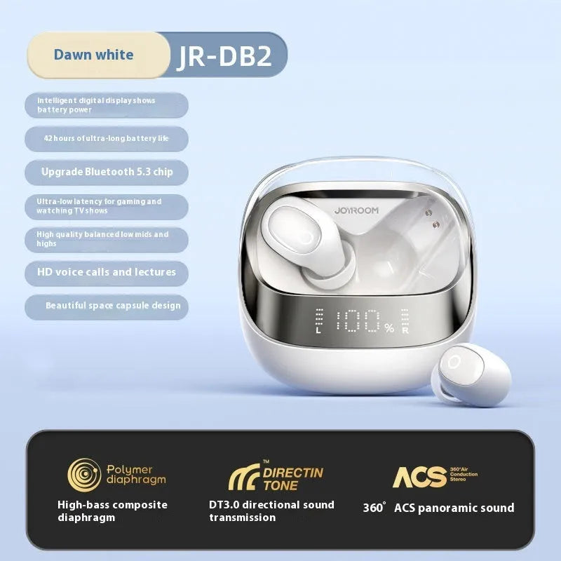 Wireless Bluetooth in-ear earbuds with a compact white charging case on a table.