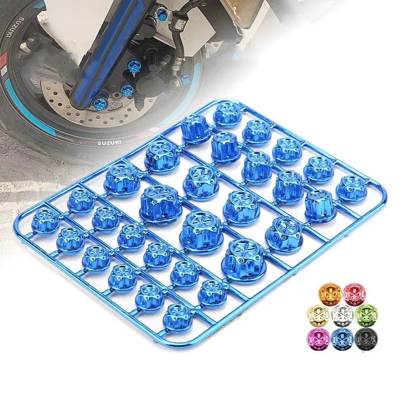 Set of 30 coloured ABS plastic screw caps for motorcycle engine M6 bolt heads.