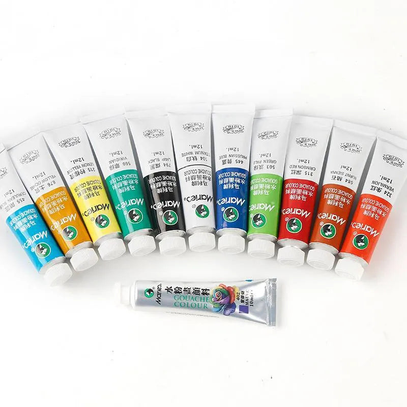 Set of gouache paint tubes in 12, 18, or 24 colours with 5ml or 12ml sizes for artists.