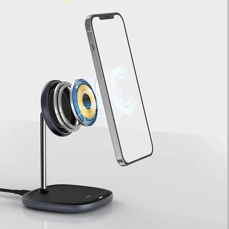 Black magnetic wireless charging stand holding iPhone 12 at angle with Type-C cable connected