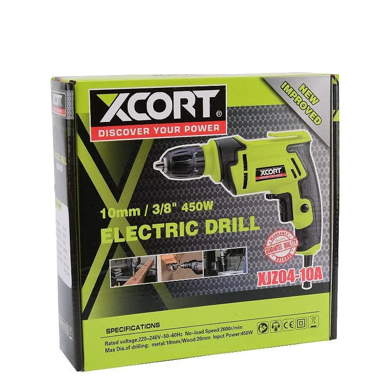 450W black pistol grip electric hand drill with a 10mm keyless chuck on a workbench.