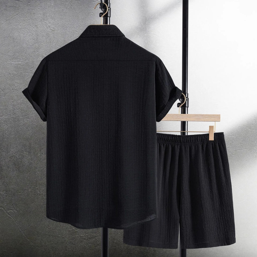 Men's white Jacquard cotton blend shorts suit showing short sleeve shirt and matching shorts