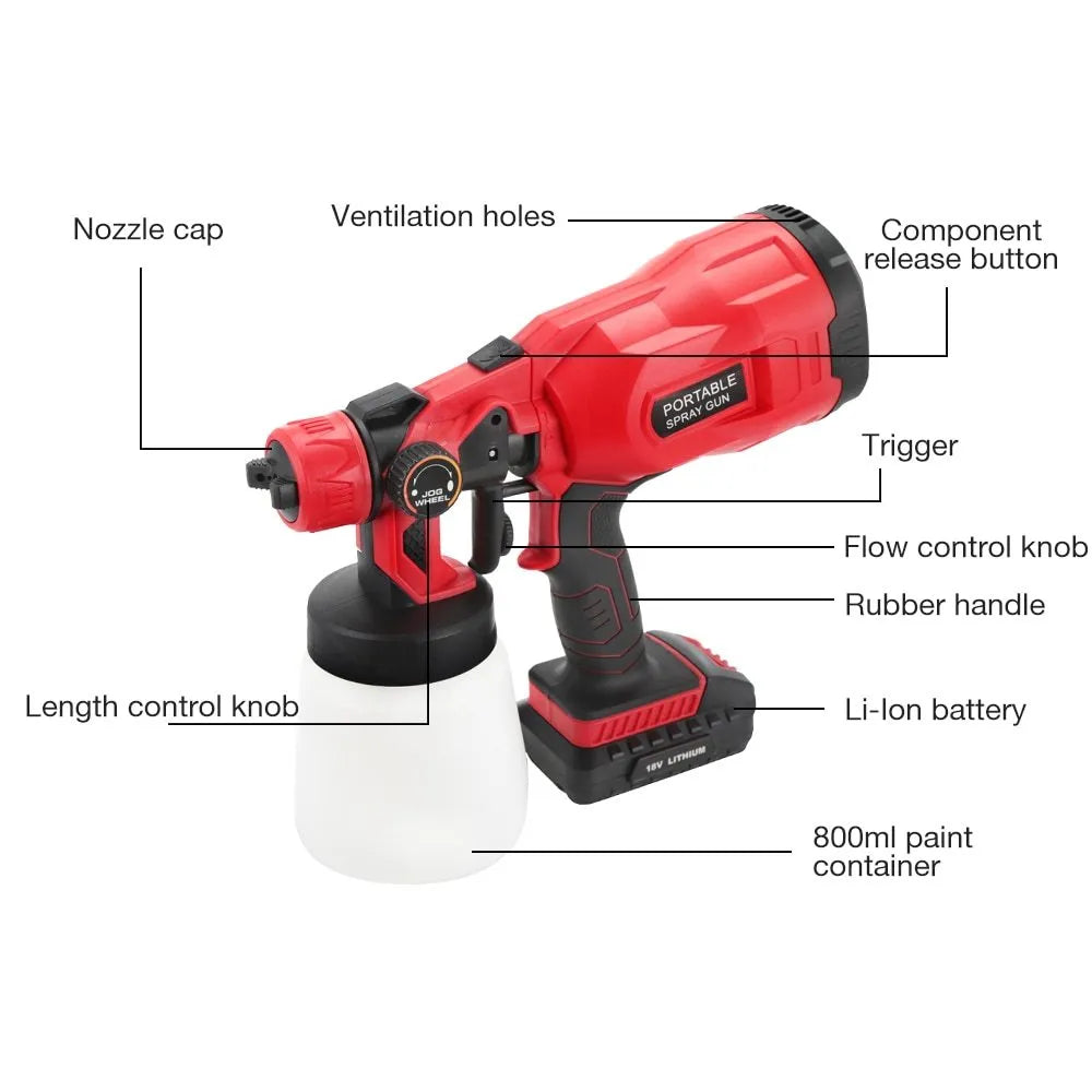 Cordless paint spray gun with blue housing and 800ml paint container showing 1.8mm nozzle