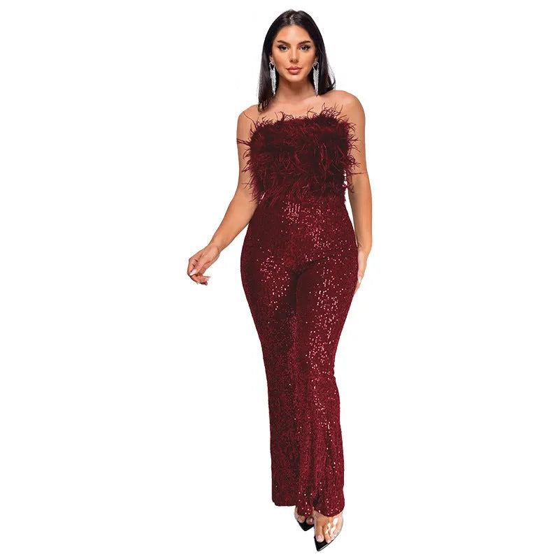Women's sleeveless backless jumpsuit with flared legs and sequin collar detail in champagne colour