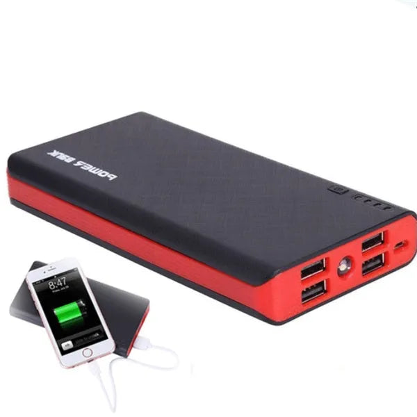 20000mAh portable power bank with 4U fast charging in red, blue, green, yellow, and black colour options