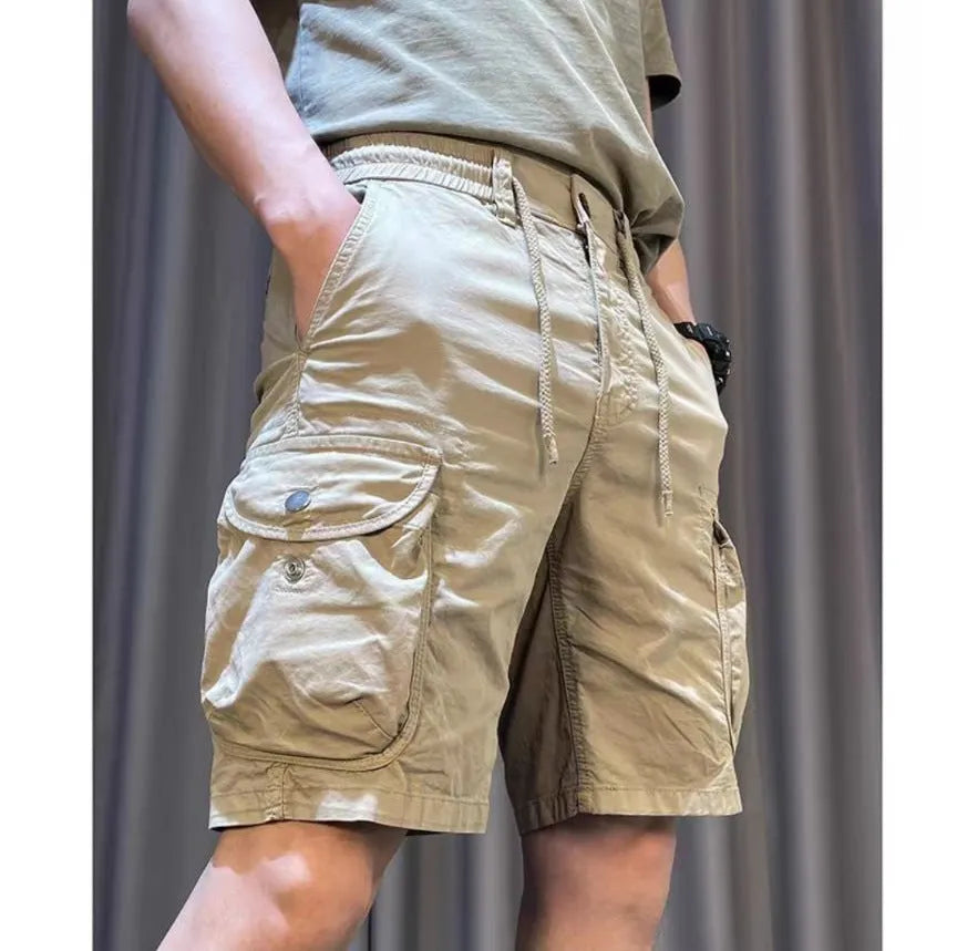 Korean style loose straight overalls trousers with multiple pockets in micro-elastic polyester