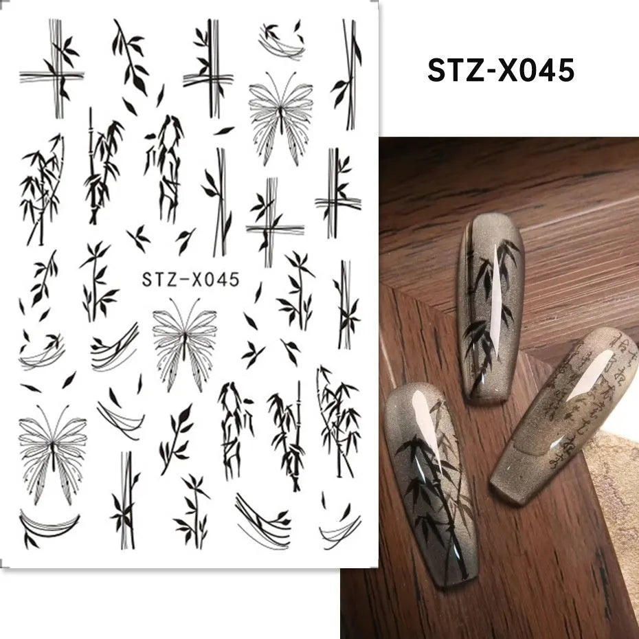 Sheet of black and silver stripe nail art stickers from a cartoon series for DIY manicures.