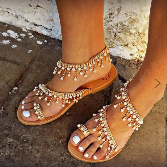 Women brown flat sandals with pearl bead decorative string and rubber sole