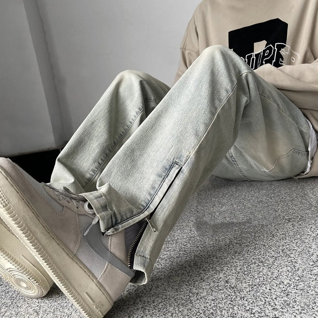 Men's retro straight-leg skinny denim jeans in yellow mud colour with side zipper