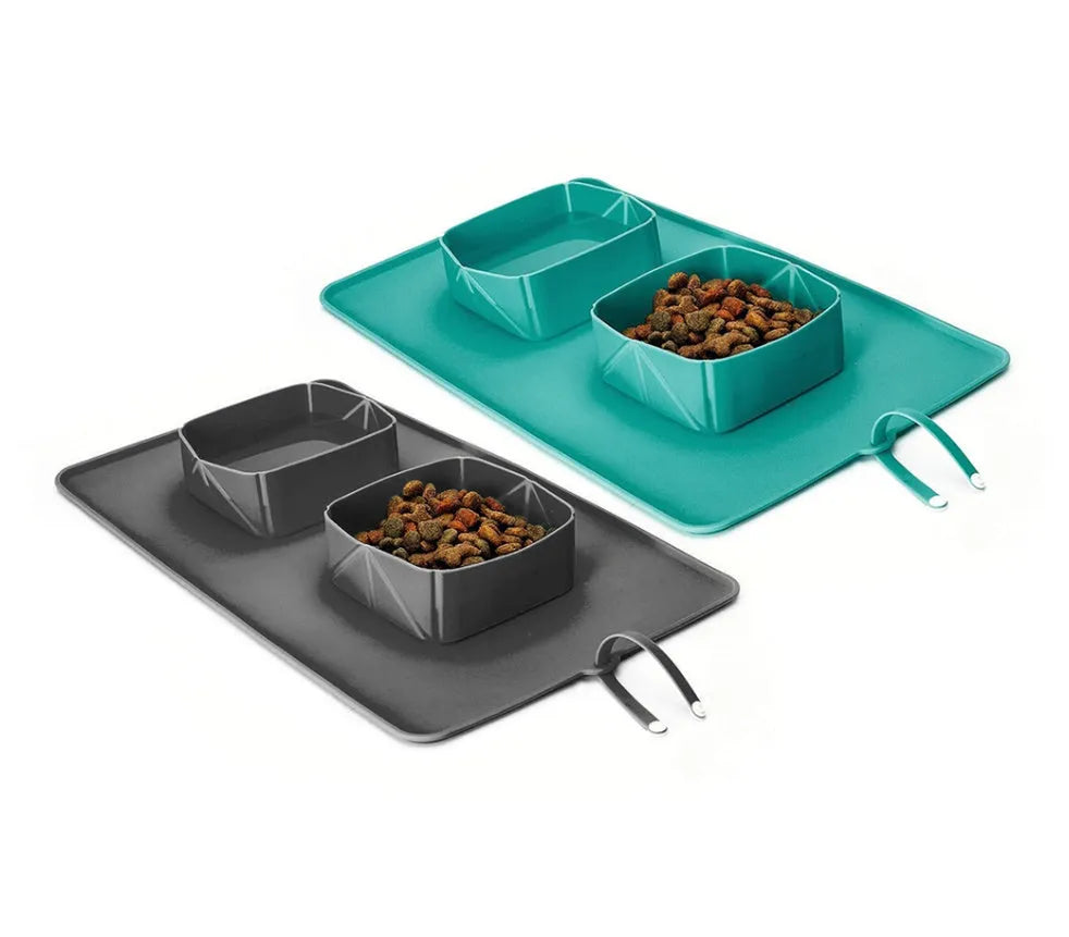 Double Foldable Silicone Dog Bowl for Medium to Large Dogs and Cats with 600ml Capacity Eco-Friendly Pet Bowl in Green or Grey 39 x 23.5 x 5 cm Portable Travel Bowl for Water and Food Easy Storage Jumps and Folds Flat Compact Design