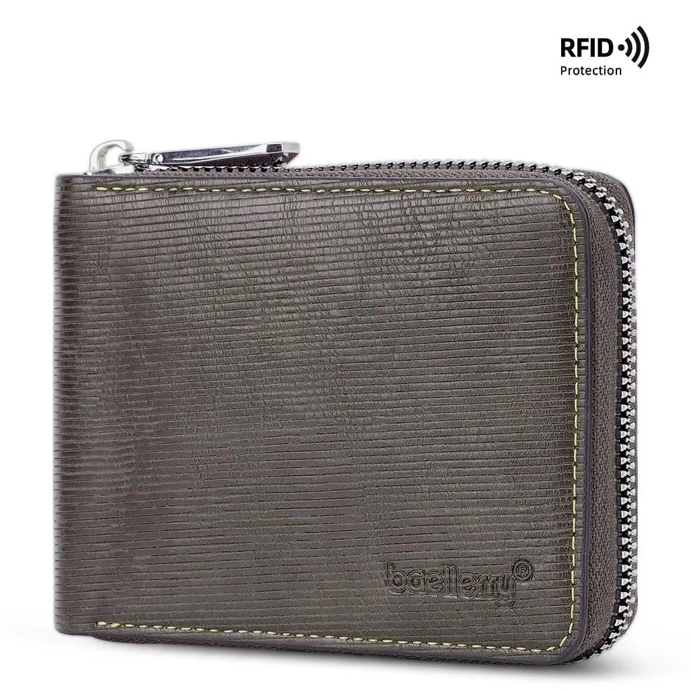 Black embossed PU leather zip wallet showing credit card slots and anti-theft zipper closure