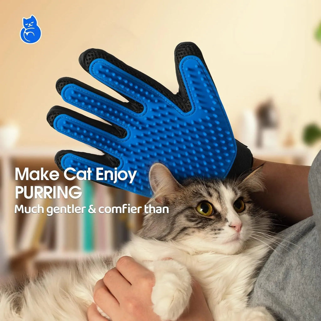Blue pet grooming gloves with silicone tips for brushing and bathing dogs and cats.