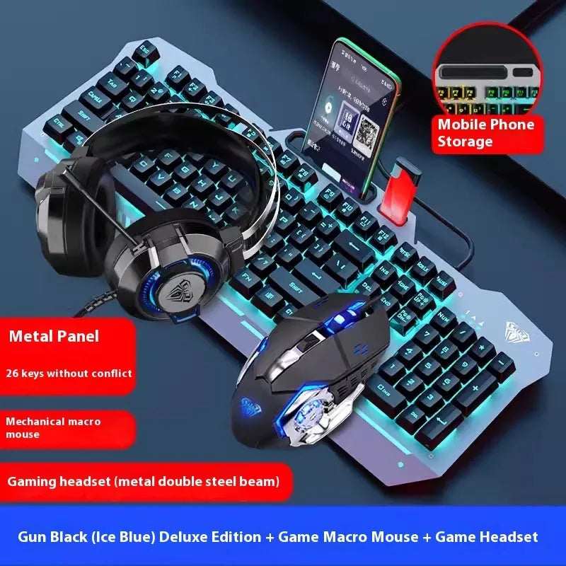 F3010 black and white metal gaming keyboard, mouse, and headset bundle with single-colour LED backlighting.