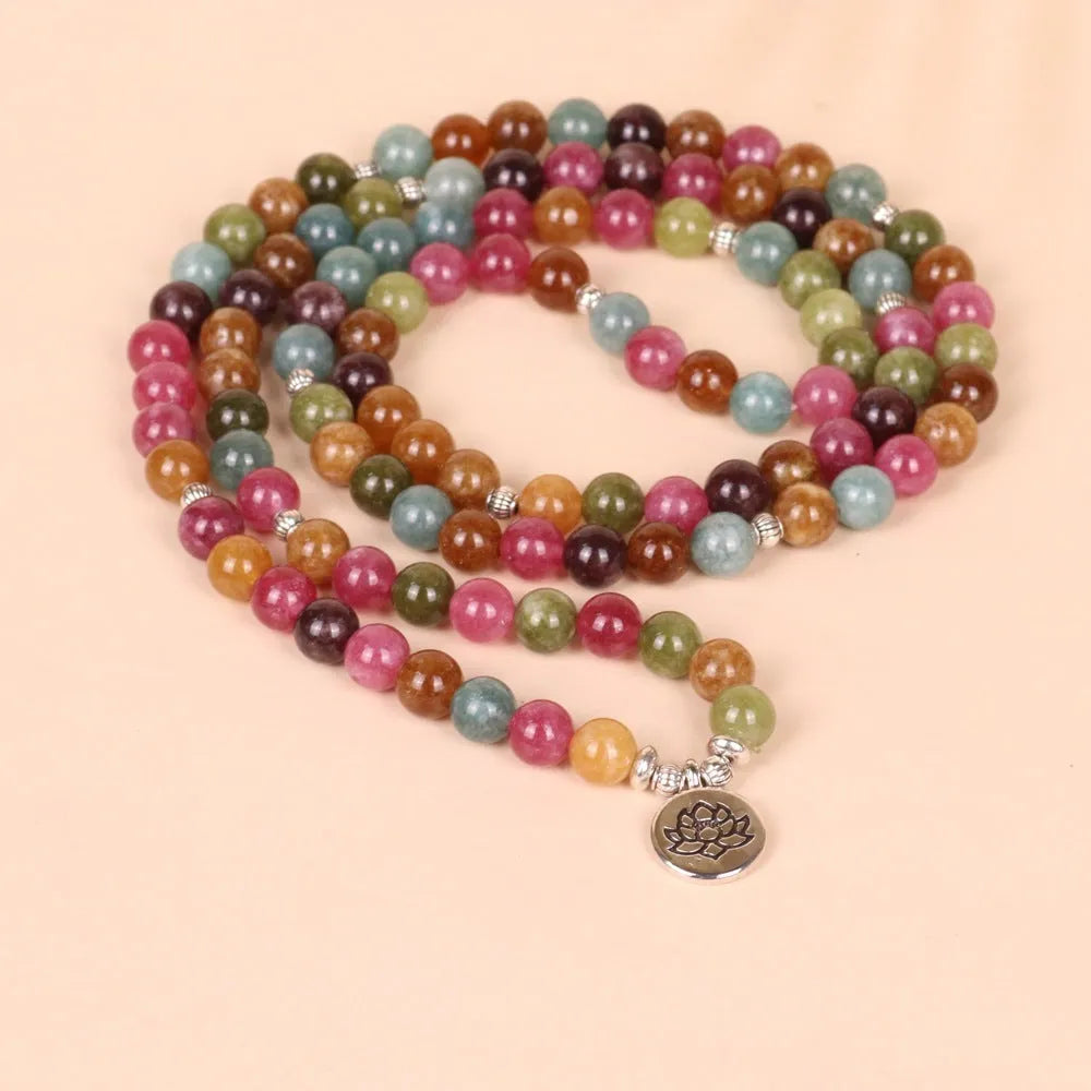 108 bead multi-layer bracelet with lotus charm in tourmaline colour alloy material