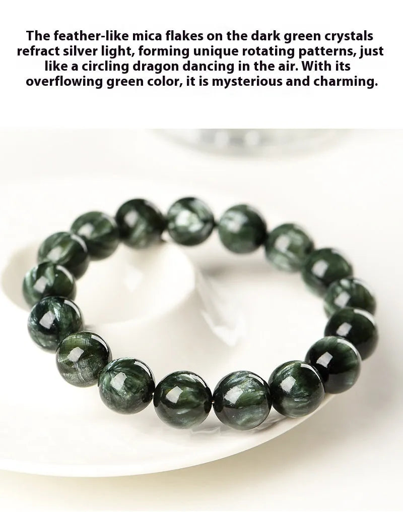 Green Dragon Crystal bracelet with 8-9mm round beads and geometry design featuring Ruyi elements