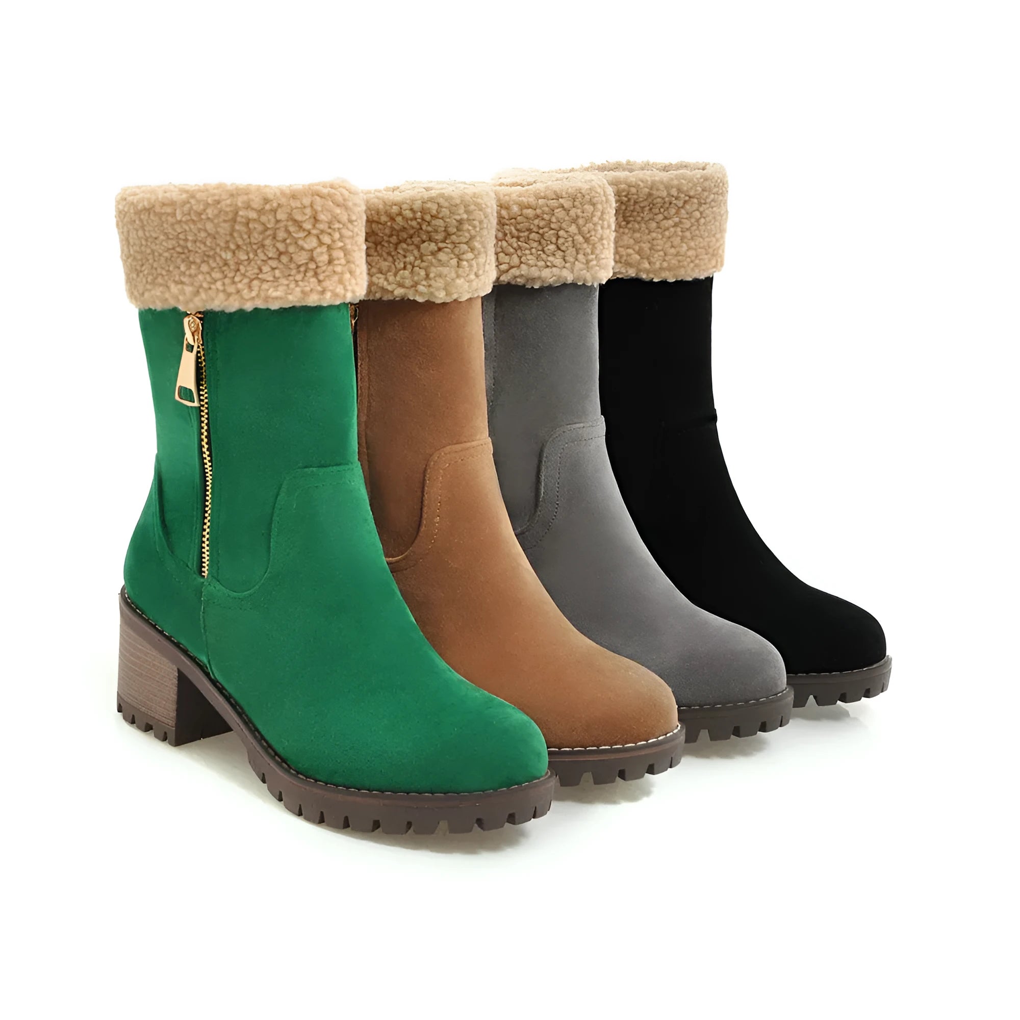 Men's ankle-high snow boots with a rubber sole and plush lining in black, grey, green, and orange colour options.