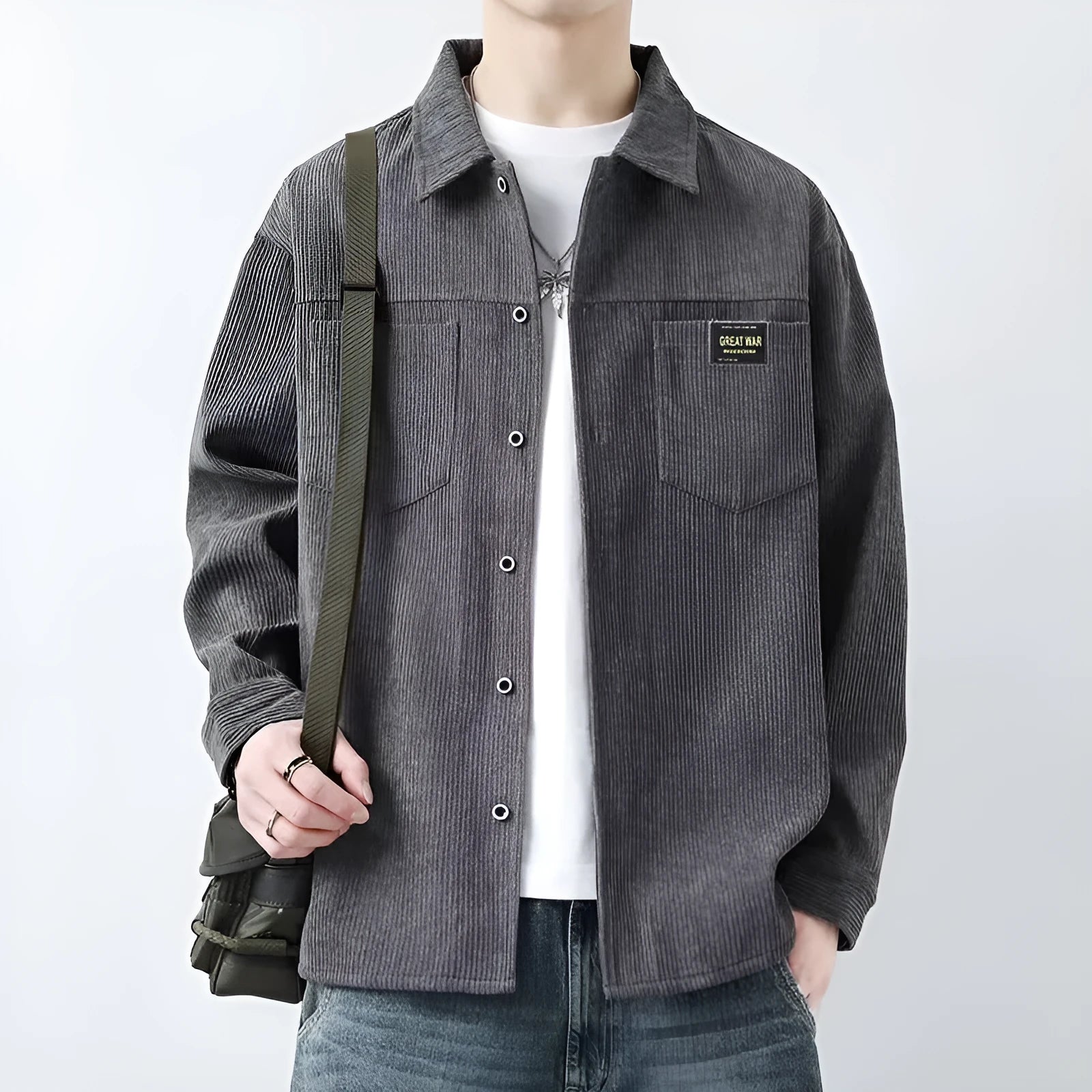 Men's casual long-sleeved corduroy jacket shirt cardigan in black, front view, showing textured fabric