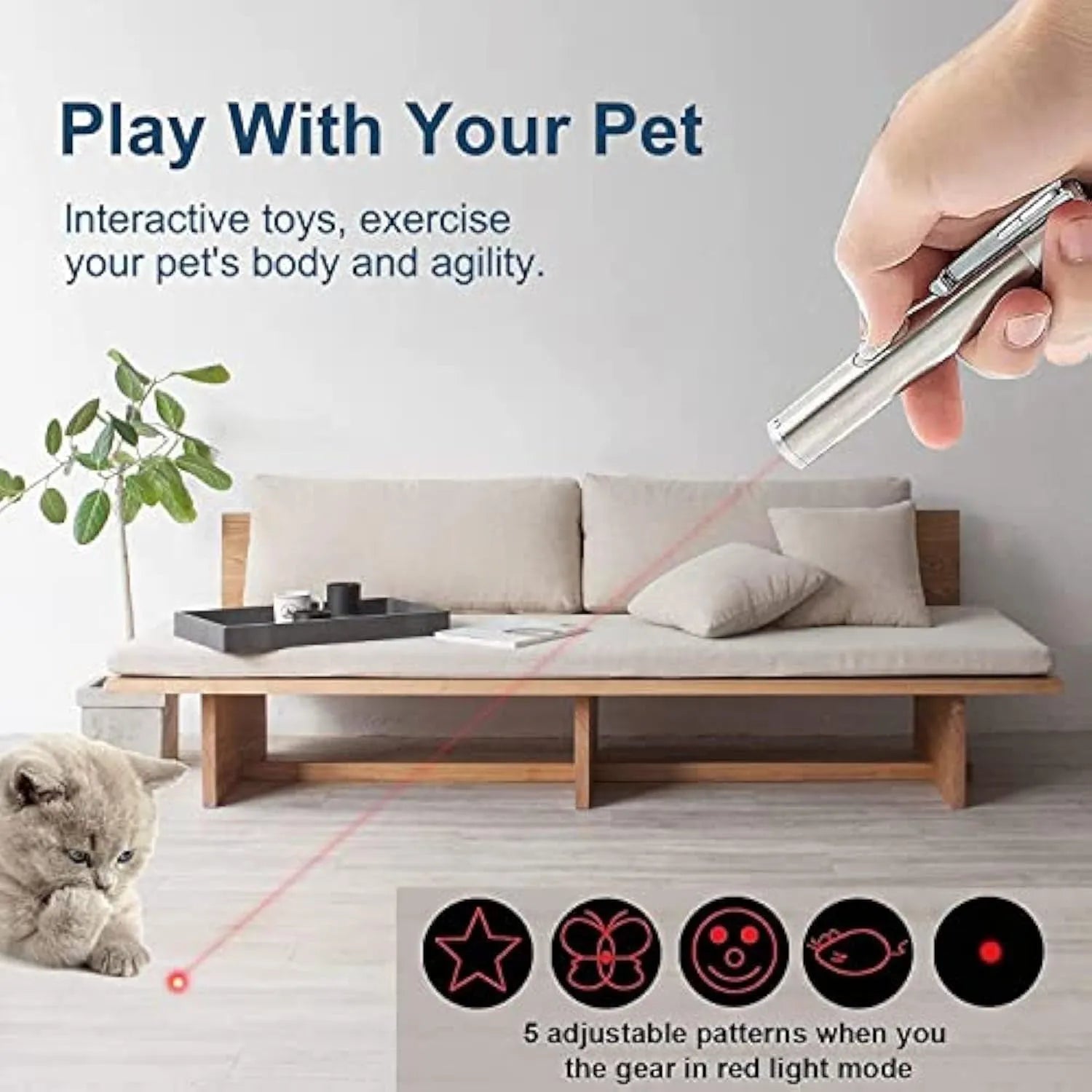 Silver aluminium cat toy pointer showing red dot pattern with USB charging port and metal clip