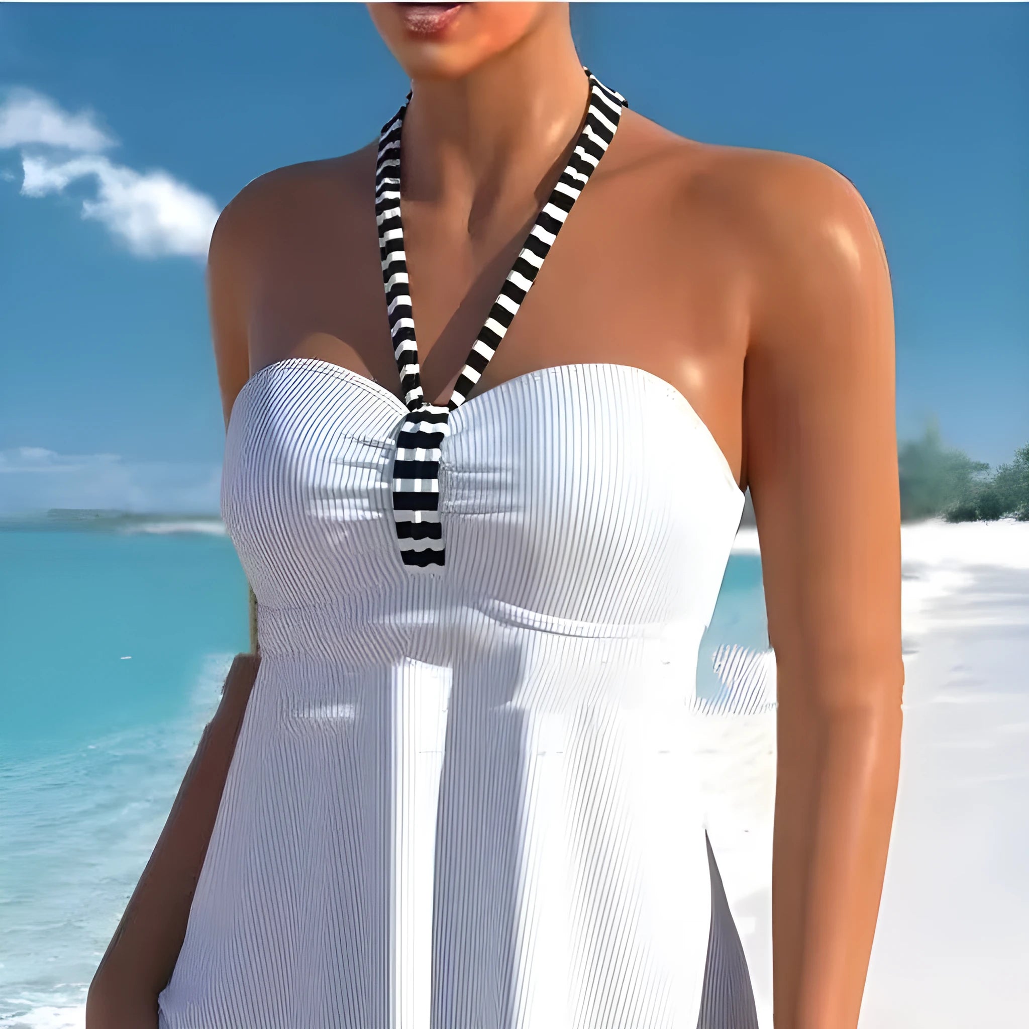 Women's off-shoulder swimsuit in black and white striped design with briefs style