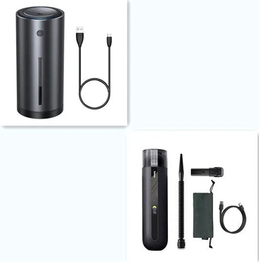 BASEUS wireless handheld car vacuum cleaner in black, white, or green with suction and blowing hose.