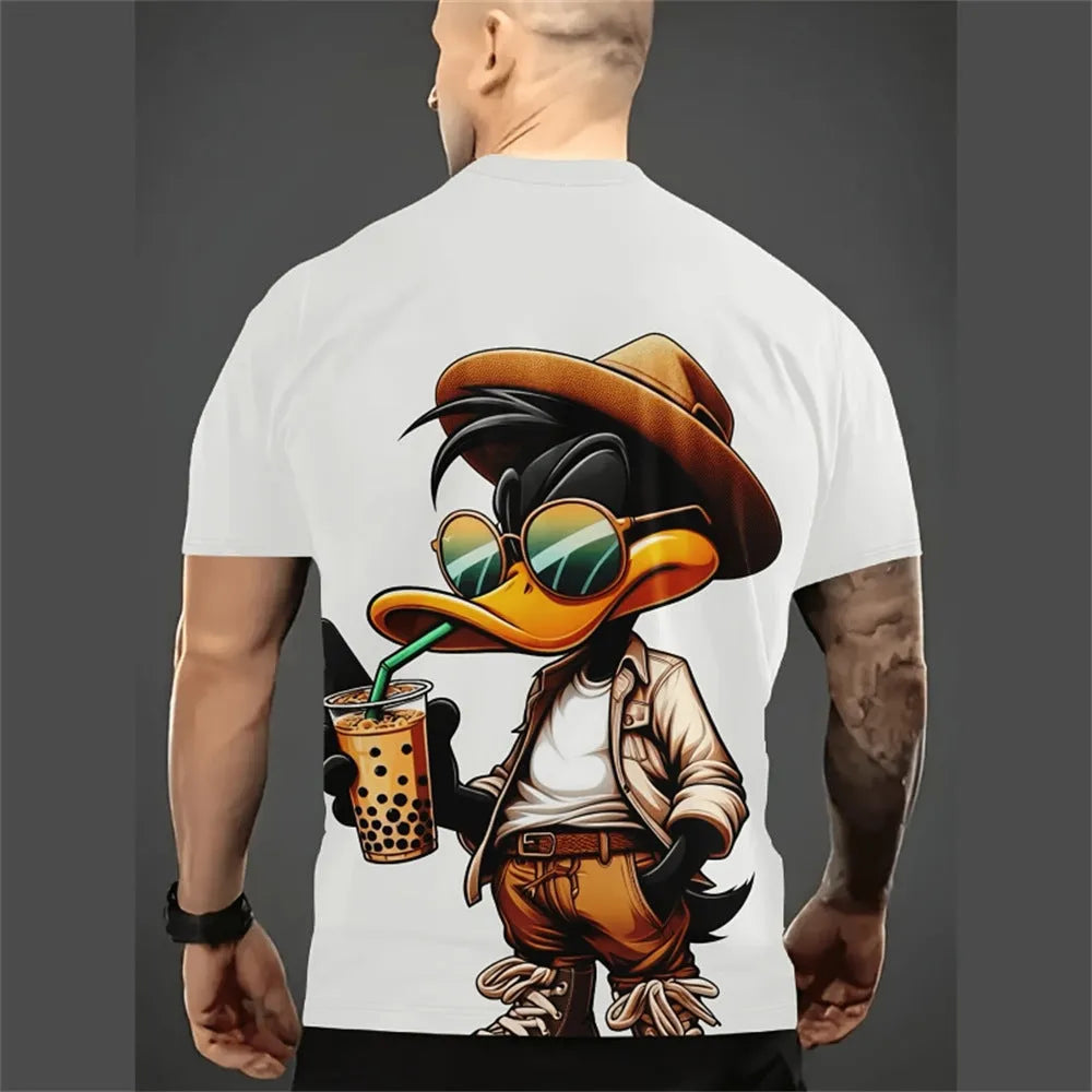Man wearing a loose-fit short-sleeve shirt with a large cartoon 3D print on the chest in a linen blend fabric.