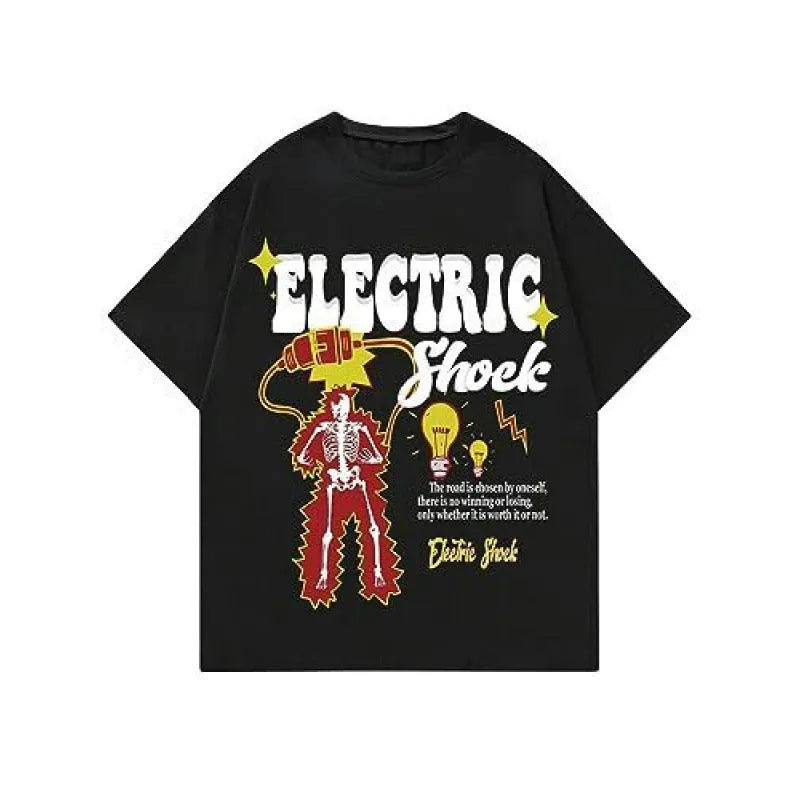 Men's printed short-sleeve street sports t-shirt on a hanger, showing a digital print pattern.
