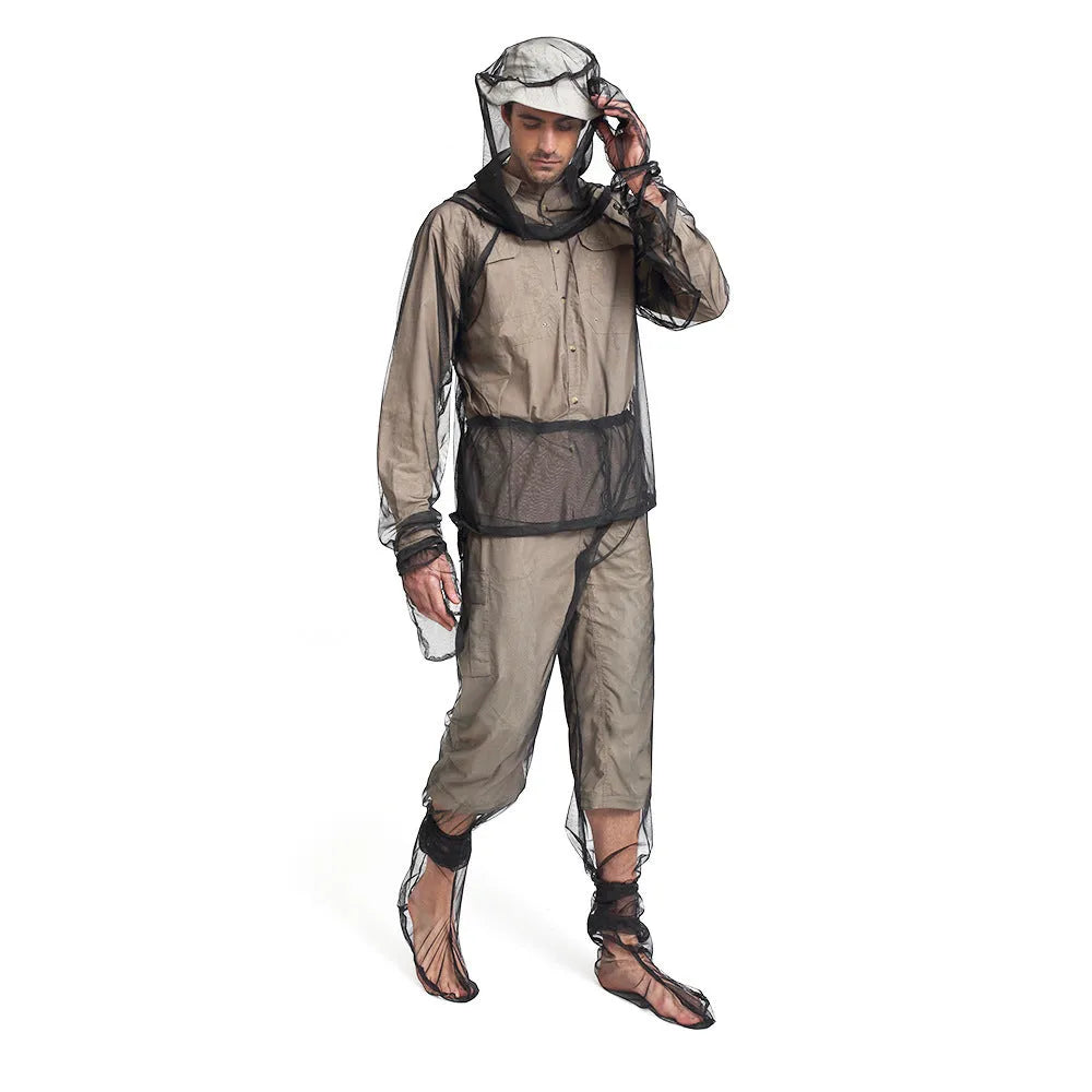 Four-piece anti-mosquito suit with hooded top, pants, and booties for outdoor summer activities