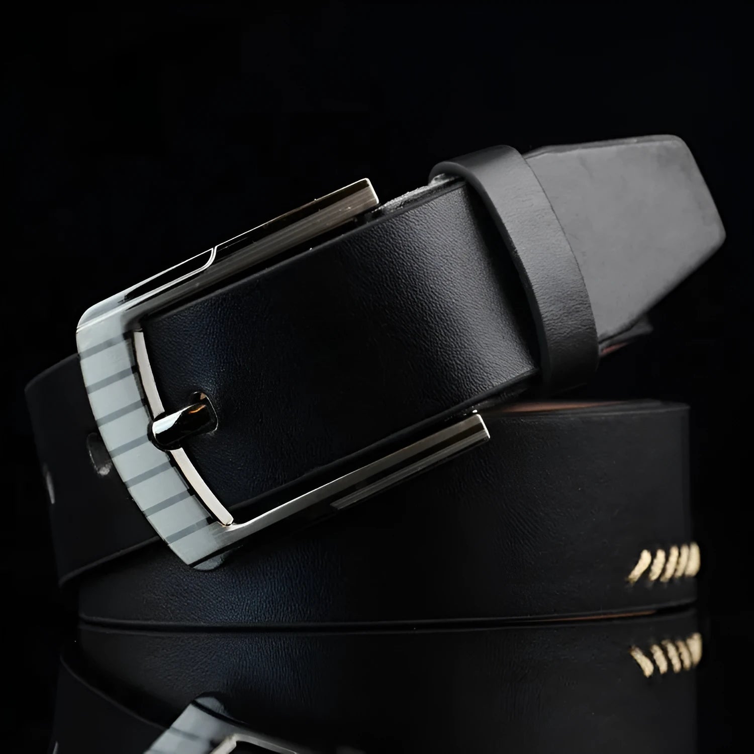 Men's threading casual belt with alloy pin buckle in black colour showing retro pattern design