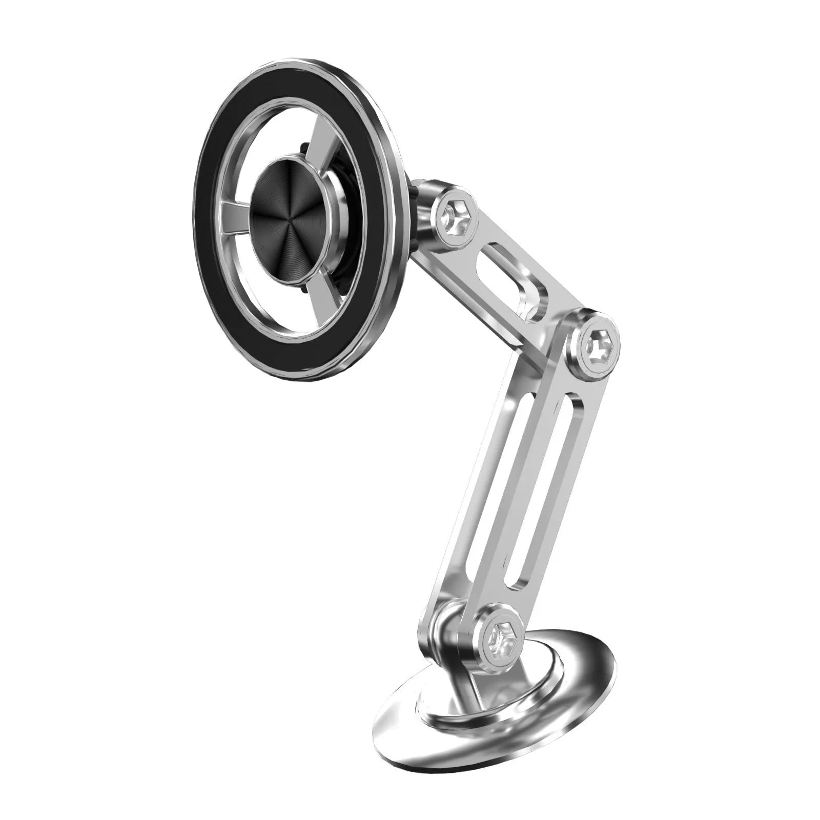 All-metal magnetic car phone holder in black, silver, gold, and rose gold with magnetic rings and adhesive pads.