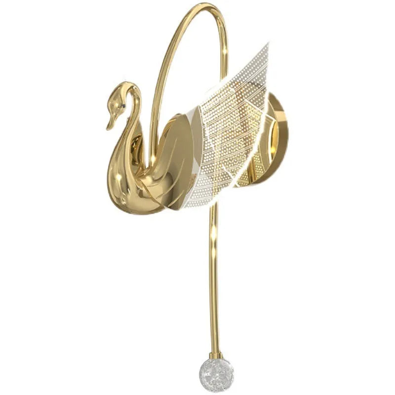 Gold swan design wall lamp with acrylic shade showing LED lighting and iron construction