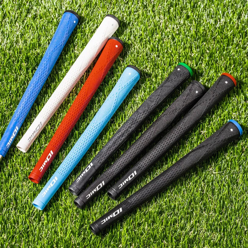 TPE material golf club grip showing colour options including solid colours and black with red, green, or blue accent heads